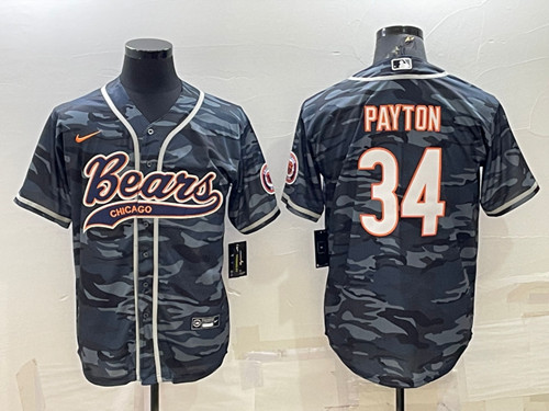 Men's Chicago Bears Blank #34 Walter Payton Gray Camo With Patch Cool Base Stitched Baseball Jersey 001 - Click Image to Close